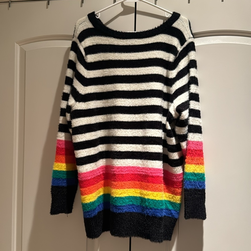 Torrid black and white and rainbow striped sweater, nylon and acrylic